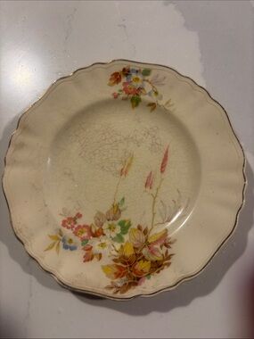 Cream Floral Ceramic Dinner Plate with Gold Scalloped Edge